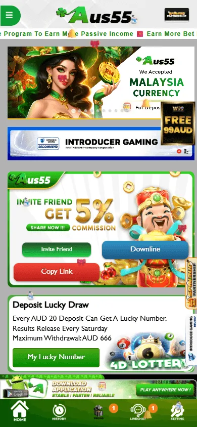 Aus55 Casino home interface on mobile