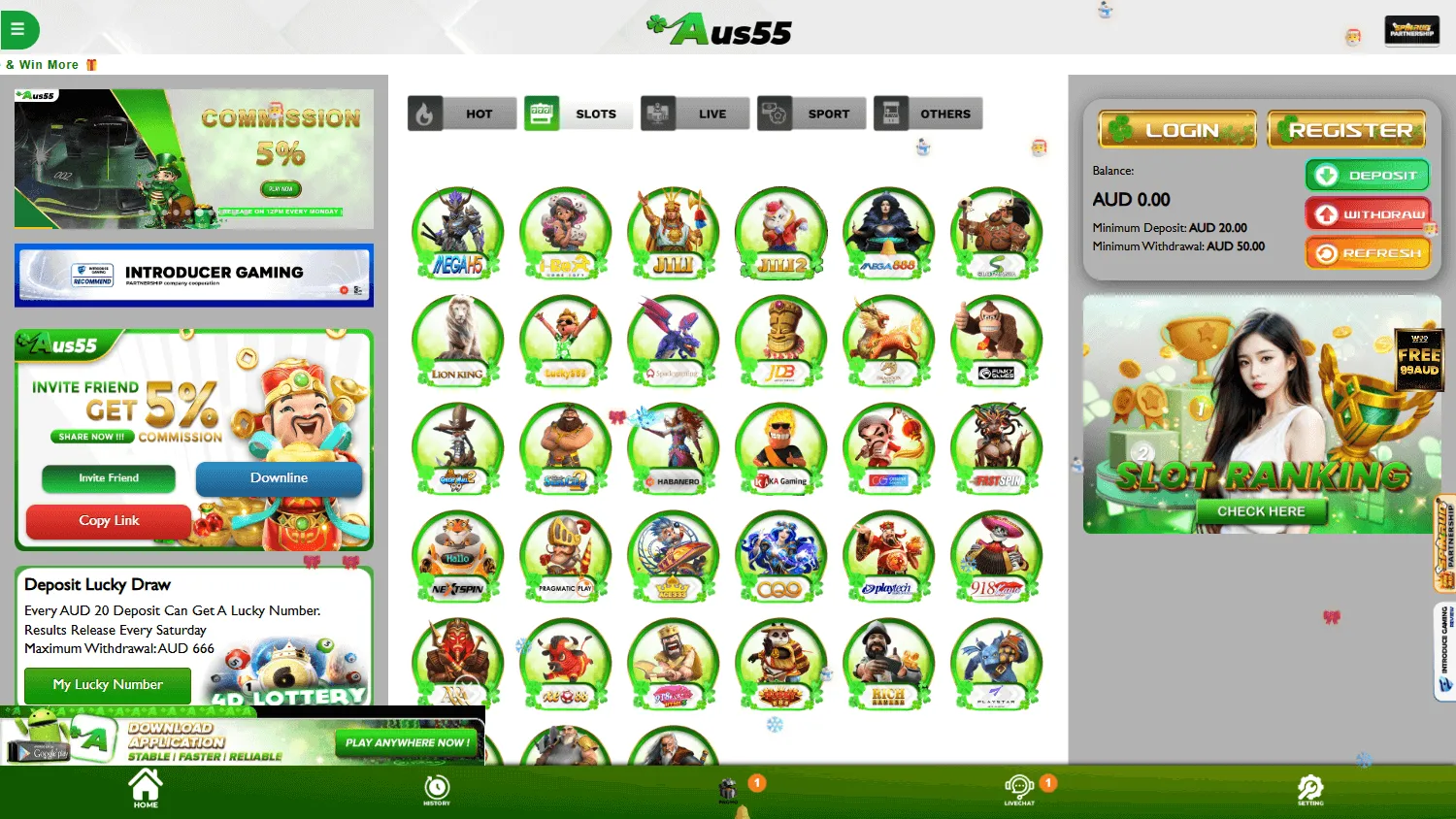 Aus55 Casino home interface on desktop