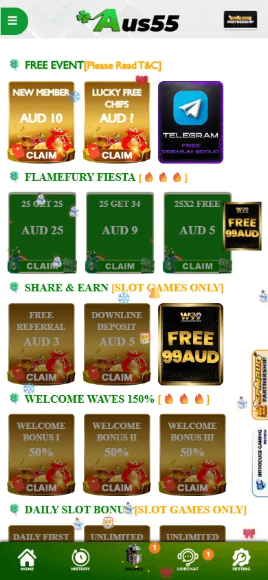 Aus55 Casino promotions interface on mobile