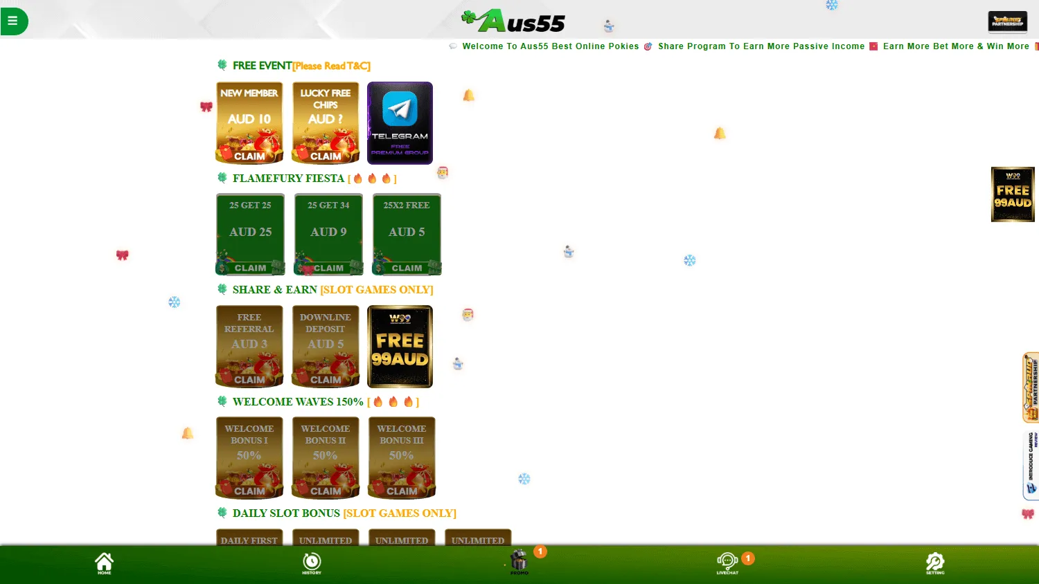 Aus55 Casino promotions interface on desktop